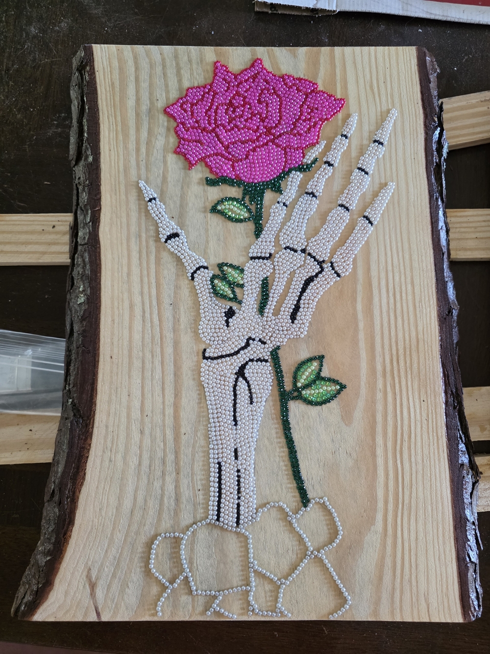 Live Edge Hand Crafted Skeletal Hand With Rose Wall Art